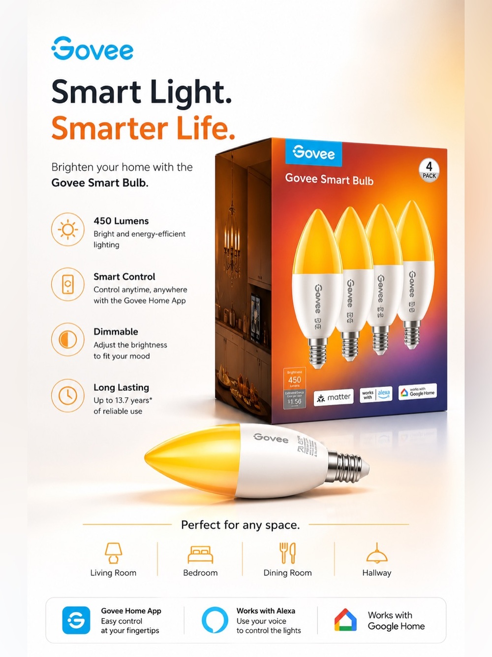 Govee Smart Bulb (4-Pack) – Warm Yellow Smart LED Candle Bulbs - Picture 3 of 4